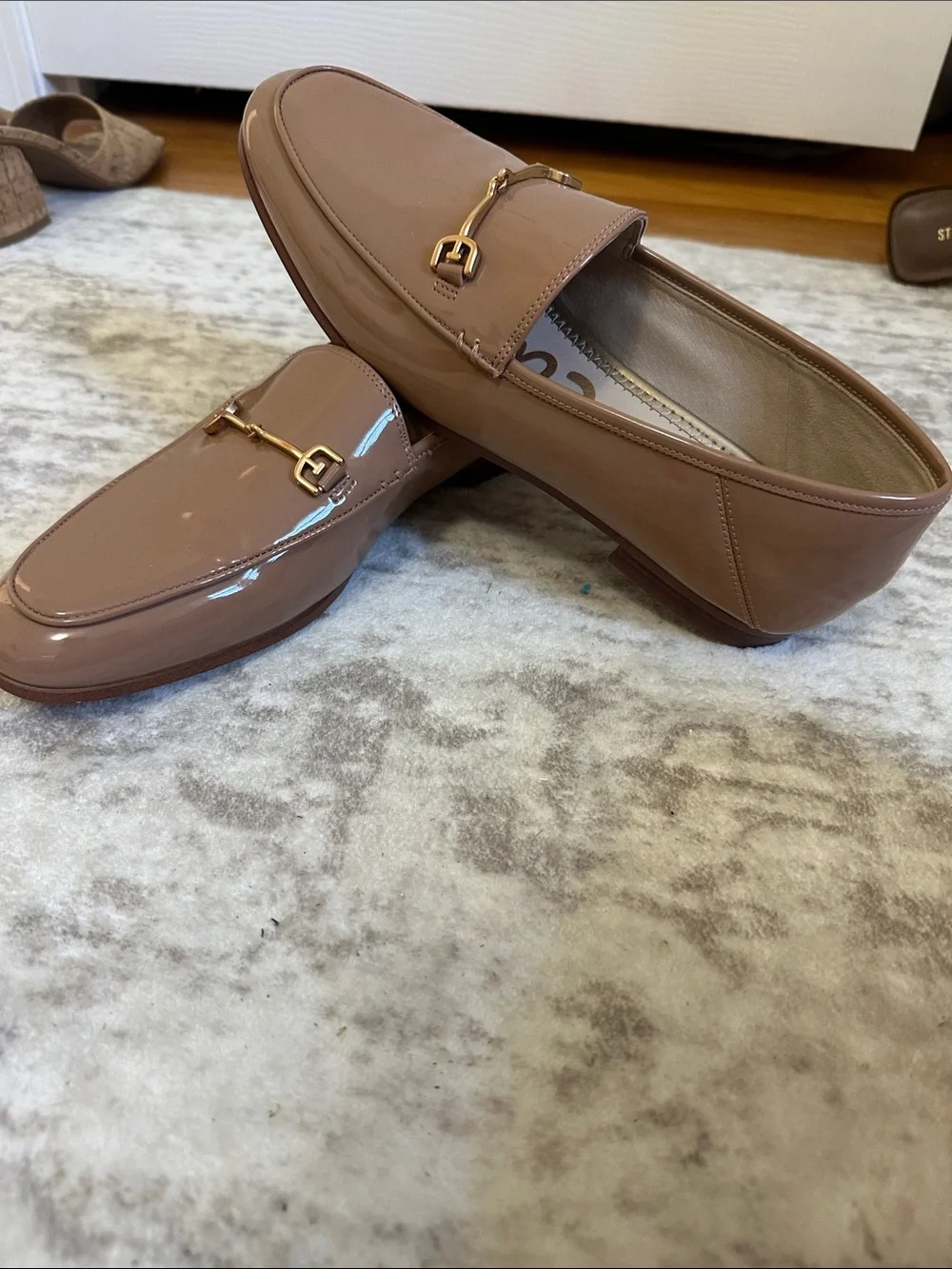 Sam Edelman Patent Nude/Taupe Loafers with Gold Bit